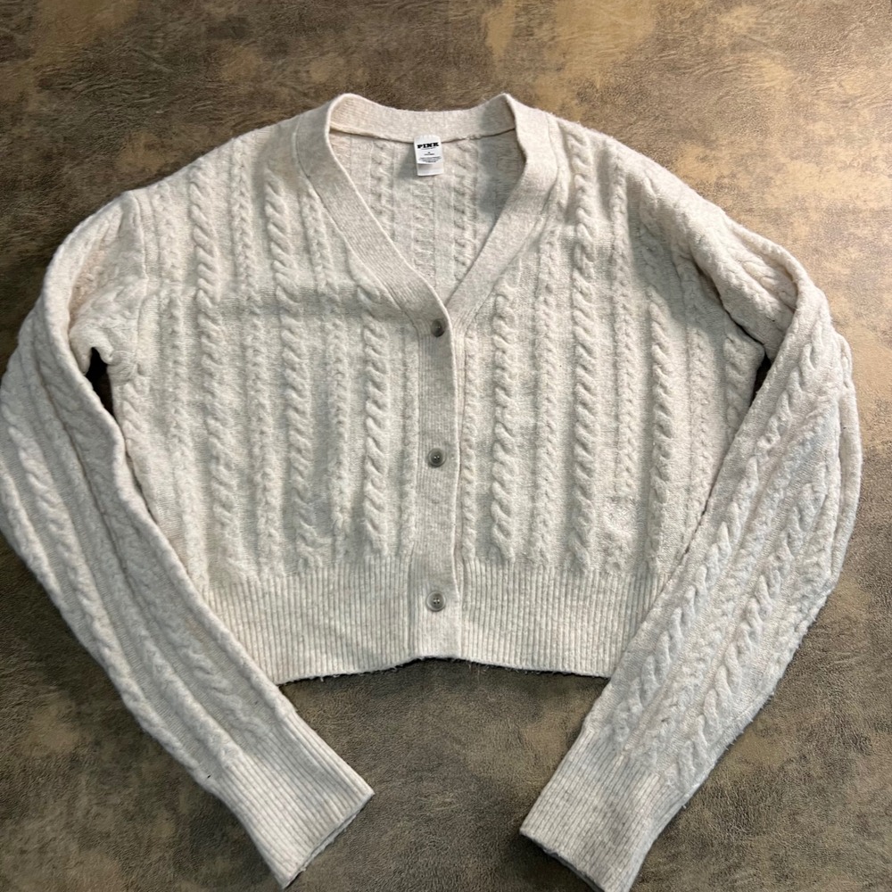 PINK Victoria's Secret Cardigan Womens Medium Cream Cable Knit Cropped V-Neck